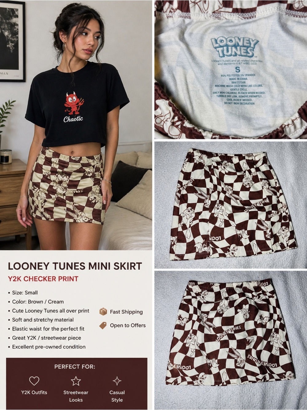 Looney Tunes Y2K Checker Mini Skirt Brown Cream Size S Streetwear